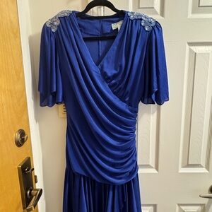 Chic Asymmetrical Blue Dress with Embellished Shoulders